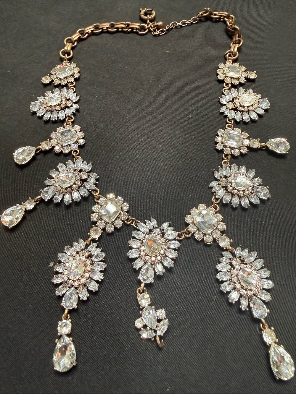 Source Unknown Gold and Clear Crystal Floral Bib Necklace